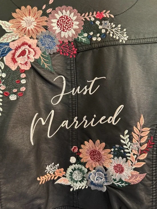 Just Married Embroidered Black Faux Leather Jacket - Picture 2 of 5